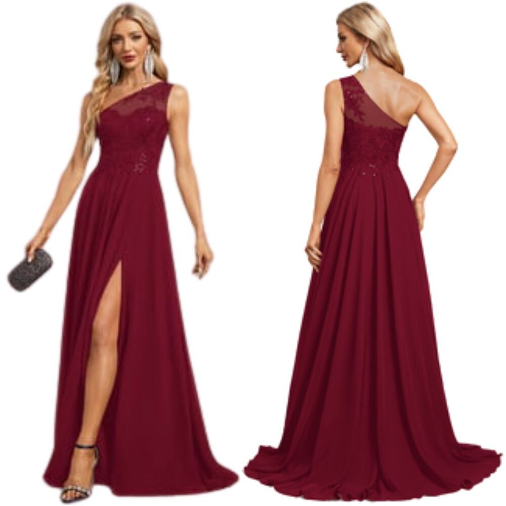 JJ's House Dorinda Burgundy One Shoulder Chiffon Maxi Dress Size 4 A-line Sequin